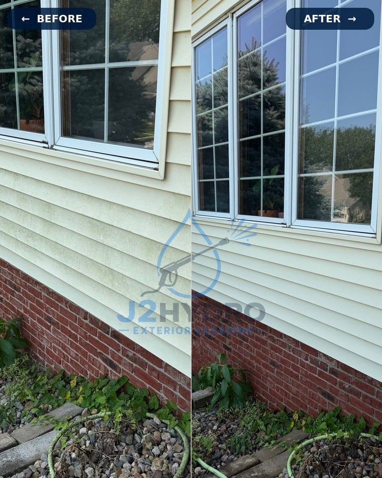 Before and after comparison of window replacement, showing older double-hung windows transformed into modern casement windows on vinyl siding home