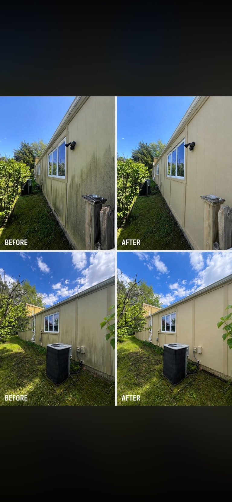 Before and after comparison of exterior wall cleaning on a residential structure, showing removed mold and algae stains