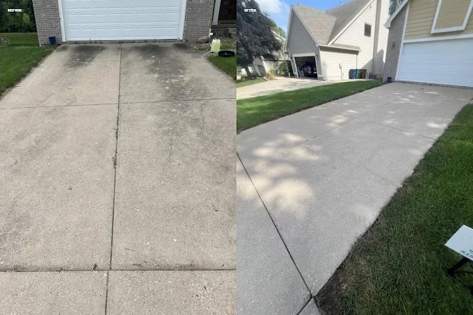 Before and after comparison of driveway cleaning showing dirty concrete on left and pressure-washed clean driveway on right
