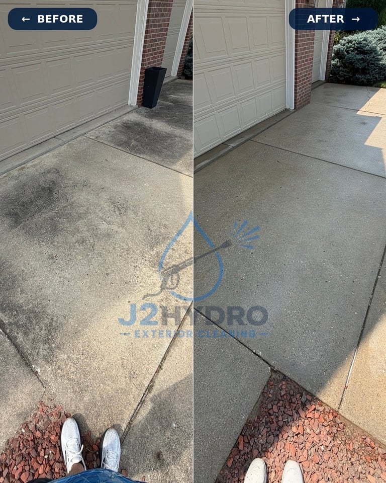 Before and after driveway cleaning comparison showing dirty concrete on left and clean driveway on right with J2 Hydro logo